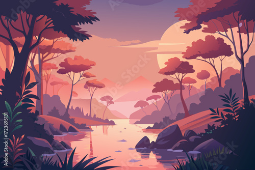 Stunning sunset river landscape with trees, rocks, and foliage reflecting in the water, serene and peaceful scenery conveying tranquility and natural beauty