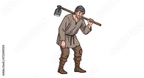 Medieval Peasant with Hoe: A Laborers Portrait in Traditional Attire.
