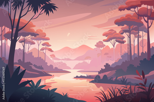 Enchanting sunset river landscape with lush trees, creating a peaceful and serene atmosphere perfect for nature lovers and scenic backgrounds, originally a vector graphic