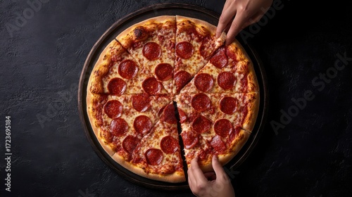 Fresh Pepperoni Pizza on Dark Background with Hands Grabbing a Slice