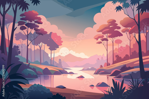 Dreamy tropical landscape illustration with vibrant pinks and purples, perfect for travel posters or serene backgrounds offering a calming, peaceful escape