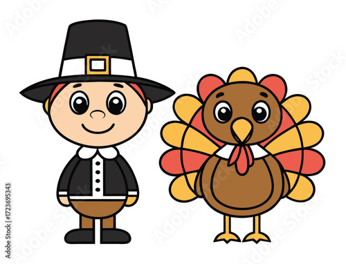 Cartoon pilgrim and turkey celebrating thanksgiving holiday with cheerful smile