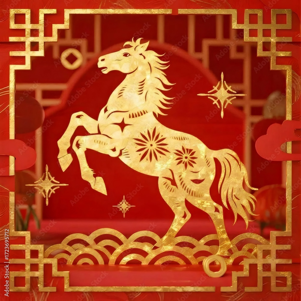Fototapeta premium 赤い背景の上の金の馬の装飾的な中国のモチーフ