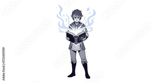 Young Mage Casting Spell from Ancient Grimoire with Ethereal Energy.