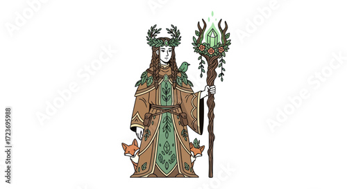 Enchanting Forest Guardian with Antlers and Mystical Staff.