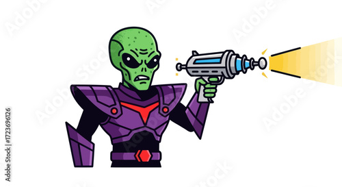 Cartoon green alien in purple armor holding a ray gun.