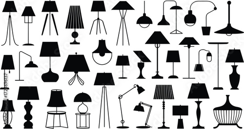 Silhouette vector illustration of various lamps including floor, desk, table, pendant, and decorative lighting designs for home interior decoration.