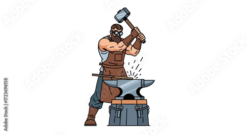 Muscular Blacksmith Hammering Hot Metal on Anvil Cartoon Illustration.
