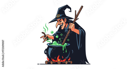 Cartoon Witch Stirring a Cauldron with Green Potion and Flames.