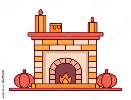 Cozy autumn fireplace with pumpkins and candles vector illustration