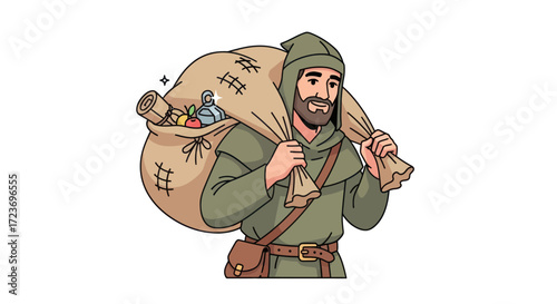 Cartoon Medieval Traveler Carrying a Heavy Sack.