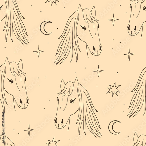 Mystical and fantasy seamless pattern with horses, moon and stars. Hand drawn line vector background. Bohemian illustration in sketch style