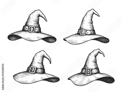 Engraved Halloween Witch Hat Vintage Etching Magic Vector Illustration