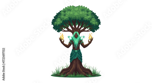 Mythical Tree Spirit with Flames and Green Garments.