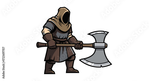 Hooded Executioner Figure Holding Large Double-Bladed Axe.