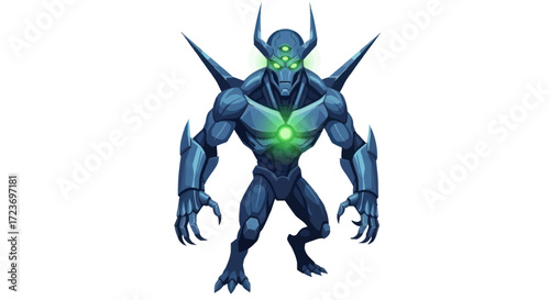 Menacing Blue Alien Warrior with Glowing Green Eyes and Chest Emblem.