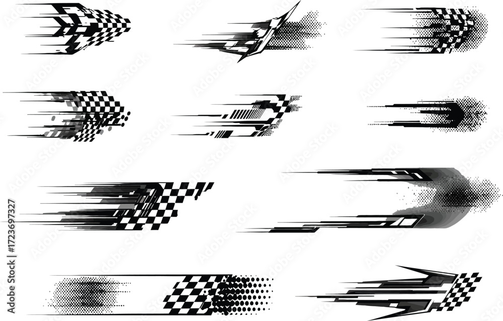 Collection of racing flags and stylized sports cars with motion blur effects, conveying speed and dynamism.
