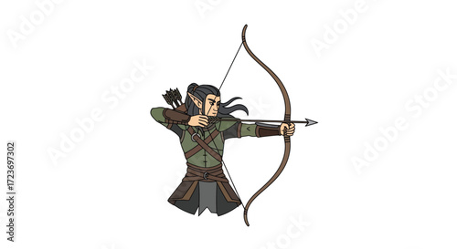 Archer aiming with bow and arrow wearing fantasy armor focused on target.