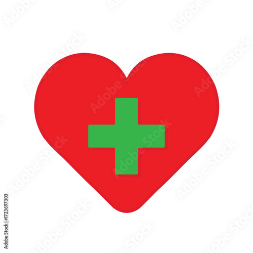 Red heart with green medical cross symbol representing health care, first aid, love, and wellness. Perfect for hospitals, clinics, medical services, and health awareness design or logo use.