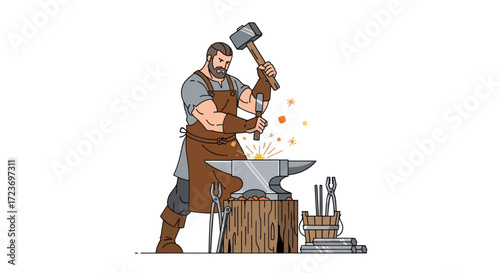 Strong Blacksmith Forging Metal with Hammer and Anvil.