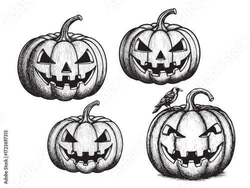 Engraved Halloween Pumpkin Jack O Lantern Vintage Etching Vector Illustration