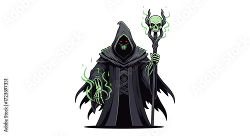Dark Necromancer Wizard with Glowing Skull Staff and Green Magic.