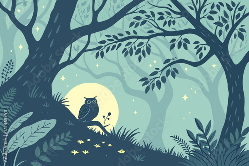 Enchanting moonlit forest scene with wise owl perched on branch, evoking mystery and wonder, perfect for children's books or nature-themed designs