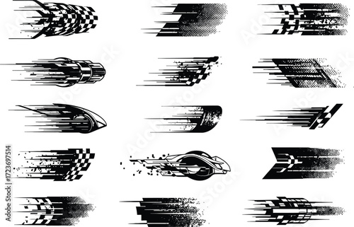 Collection of racing flags and stylized sports cars with motion blur effects, conveying speed and dynamism.