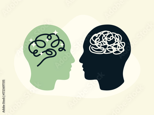 A concept illustration showing a calm, clear mind versus a cluttered, stressed mind. This vector represents mental health, emotional wellness, psychology, and personal development