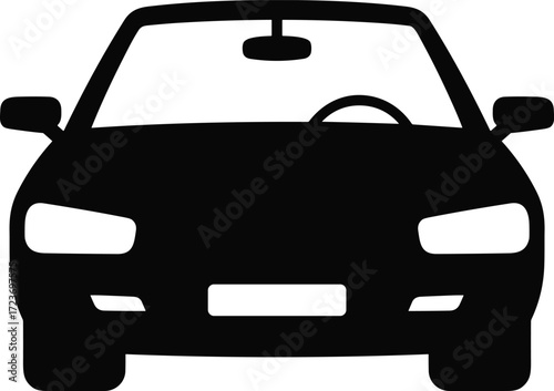 Vector illustration of modern car front view silhouette with steering wheel, windshield, headlights, automotive symbol, transportation graphic, vehicle design.