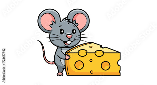 Cute grey cartoon mouse smiling while holding a large wedge of yellow Swiss cheese.