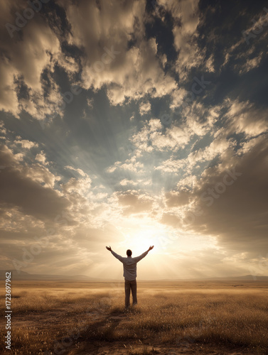 Rear view of a young farmer raising his hands in an open field during the evening.