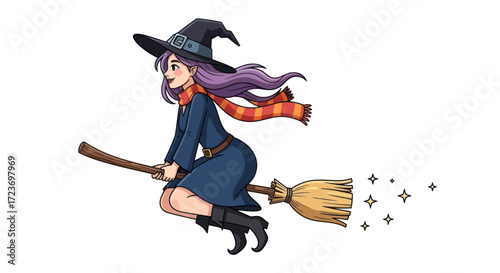 A cute young witch with long purple hair and a striped scarf flying on a magical broomstick.