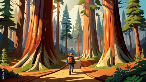 Hiker tourist walking through Ancient giant sequoia trees (Sequoiadendron giganteum) at Mariposa Grove in yosemite national park