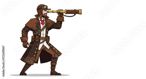 Adventurous Man in Brown Coat Looking Through Telescope.