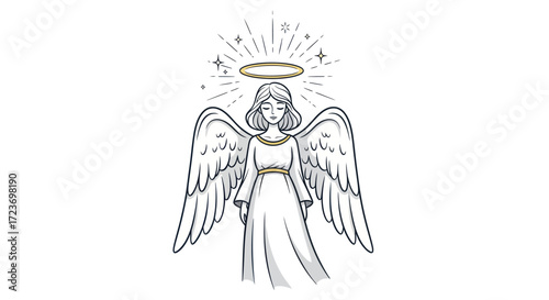 Hand-drawn illustration of a serene angel with feathered wings and a radiant halo.