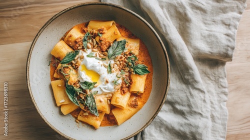 Delicious Paccheri Pasta with Egg and Meat Sauce in a Bowl.