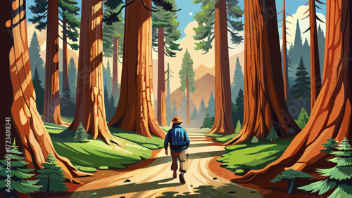 Hiker tourist walking through Ancient giant sequoia trees (Sequoiadendron giganteum) at Mariposa Grove in yosemite national park