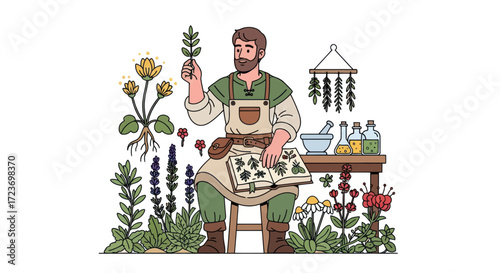 Herbalist Examining Plant Specimen with Botanical Illustrations and Tools.