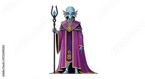 Alien Wizard Character with Staff and Purple Robe.