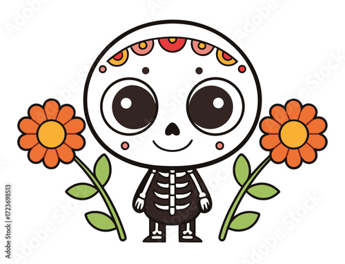 Cute Day of the Dead Cartoon Skeleton with Flowers Illustration