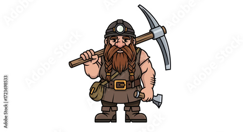 Cartoon Miner with Pickaxe and Tools.