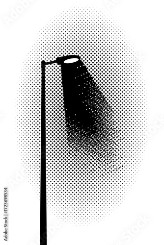 Streetlight silhouette shining a beam of light at night. Black and white vector illustration with a retro halftone dot pattern, perfect for urban, noir, or pop art-style designs.