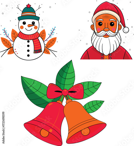 Charming christmas graphics featuring a jolly snowman santa claus and festive jingle bells for holiday designs