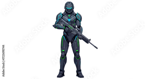 Futuristic Soldier in Advanced Armor Holding a Rifle.
