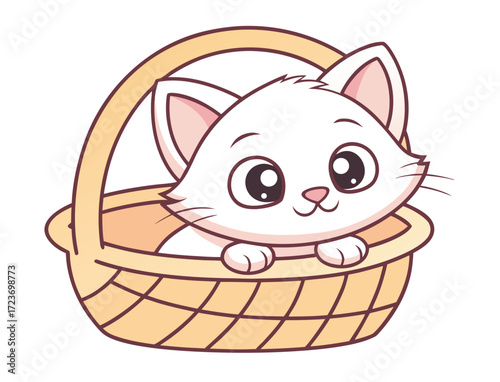 Cute cartoon kitten in a basket looking at the viewer