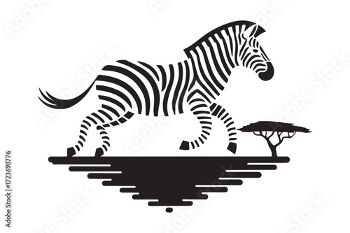 Dynamic black and white illustration of a running zebra on a safari with an acacia tree