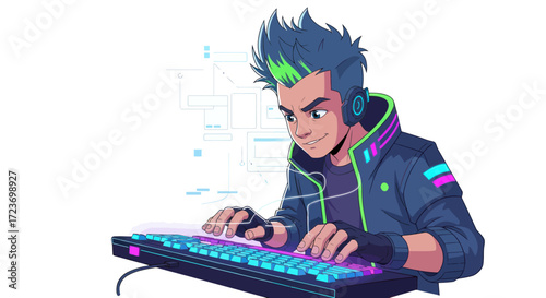 Cartoon Character Programmer Typing on Keyboard.