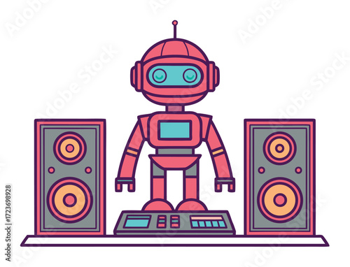 Retro robot with speakers and sound mixing board cartoon illustration