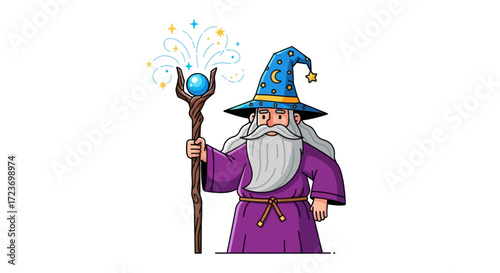 Cartoon Wizard with Magic Staff and Pointed Hat Casting Spells.